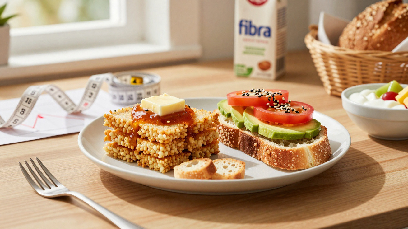 Prato com torrada de abacate, tomate e gergelim, biscoitos de cereal com geleia e manteiga, fita métrica ao fundo.