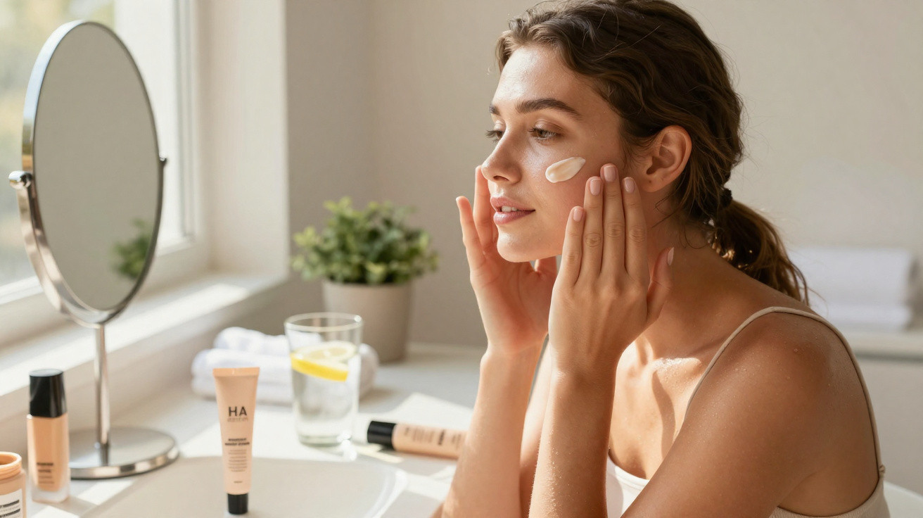 Mulher aplicando creme facial diante de espelho em ambiente iluminado e decorado com planta.