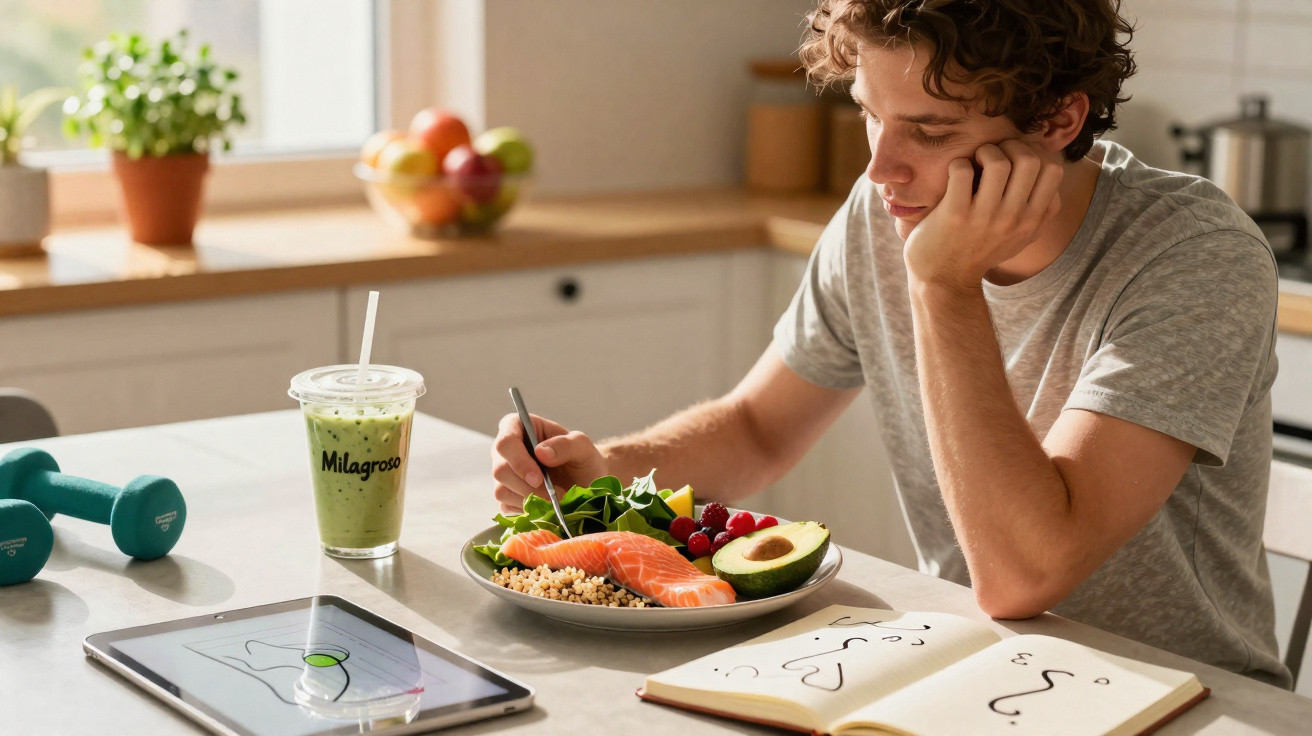 Jovem sentado à mesa com prato de salmão, abacate, folhas verdes, suco verde e livro aberto em cozinha iluminada.