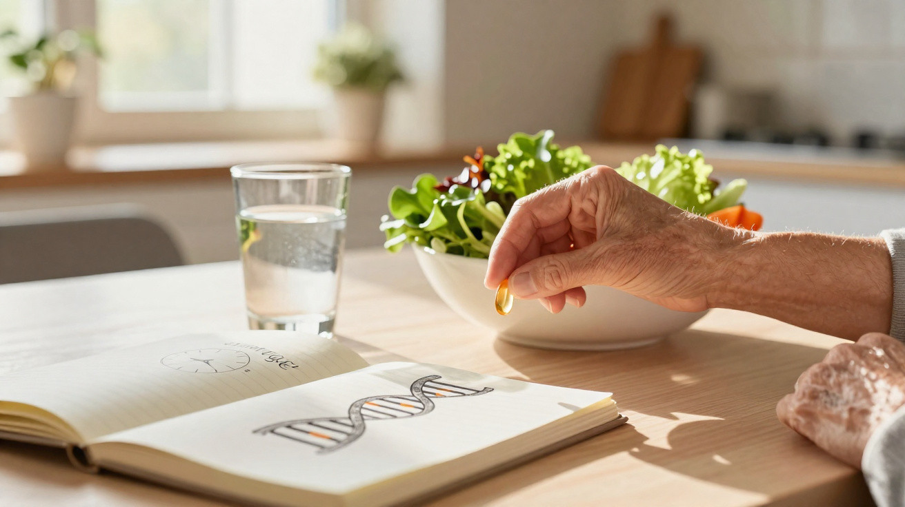 Mão segurando cápsula perto de livro aberto com desenho de DNA, salada, copo d'água em mesa iluminada.