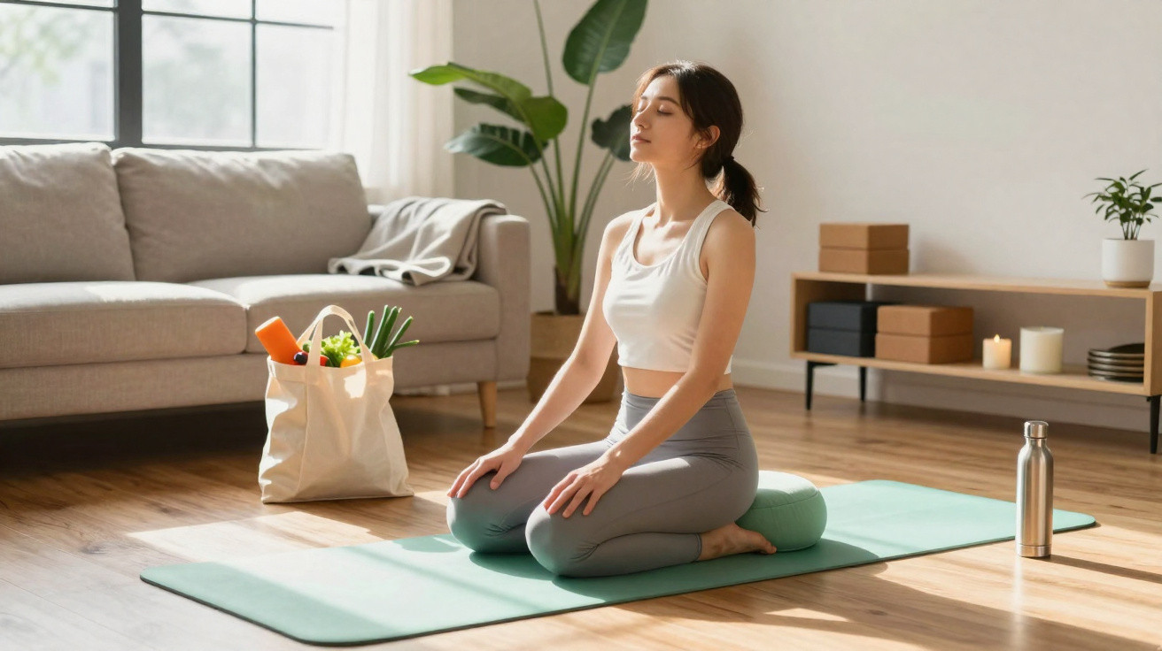 Mulher meditando sentada sobre tapete de yoga em sala iluminada, com bolsa de compras ao lado.