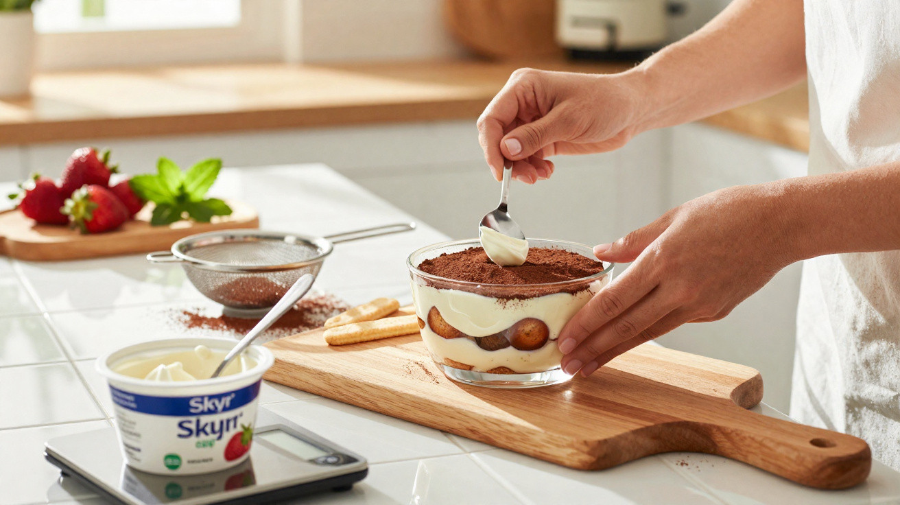 Pessoa decorando sobremesa tiramisu em pote de vidro sobre tábua de madeira na cozinha clara.