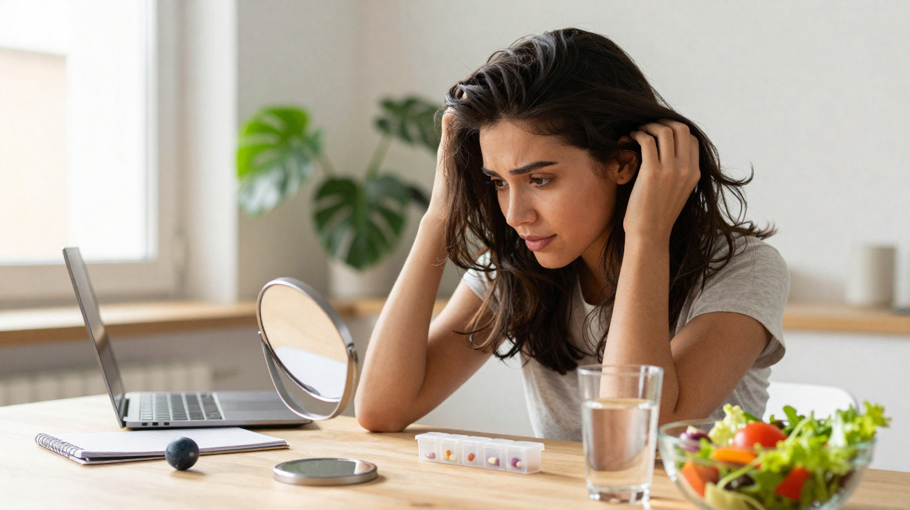 Mulher jovem preocupada olhando para anotações e remédios em mesa com laptop, vidro d'água e salada.
