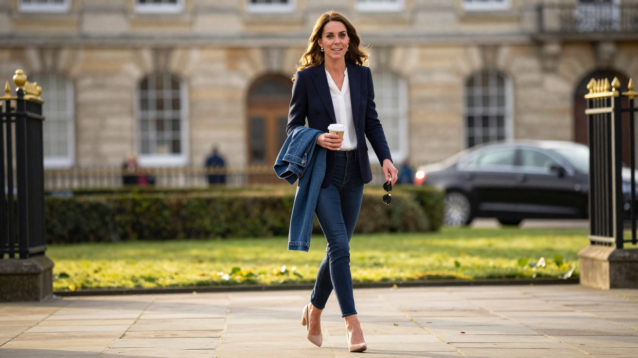 Mulher caminhando ao ar livre com bebida e jaqueta jeans, vestindo blazer, calça jeans e scarpin bege.