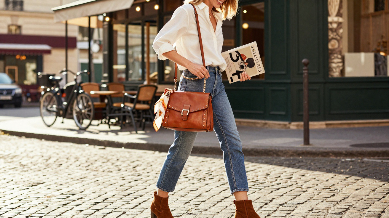 Mulher caminhando na rua com calça jeans, camisa branca, bolsa marrom e livro na mão.
