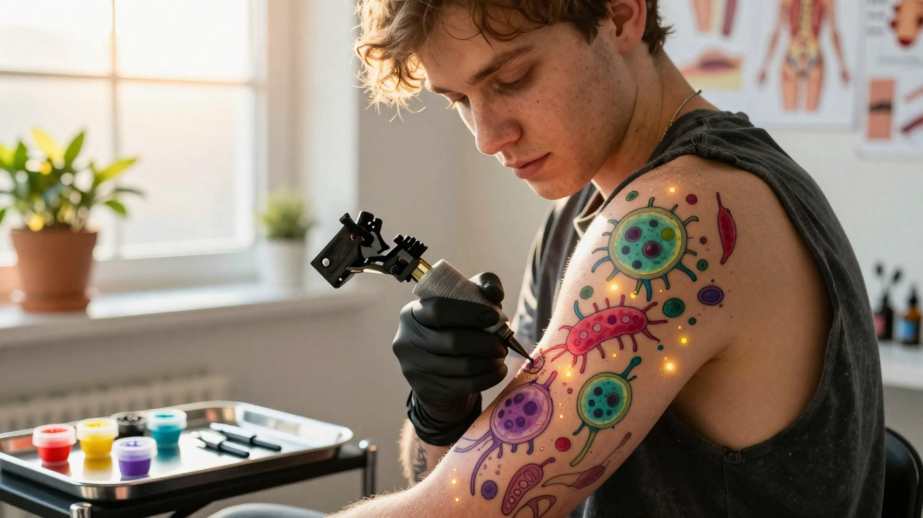 Homem faz tatuagem colorida de microrganismos no braço em estúdio com luz natural e planta ao fundo.