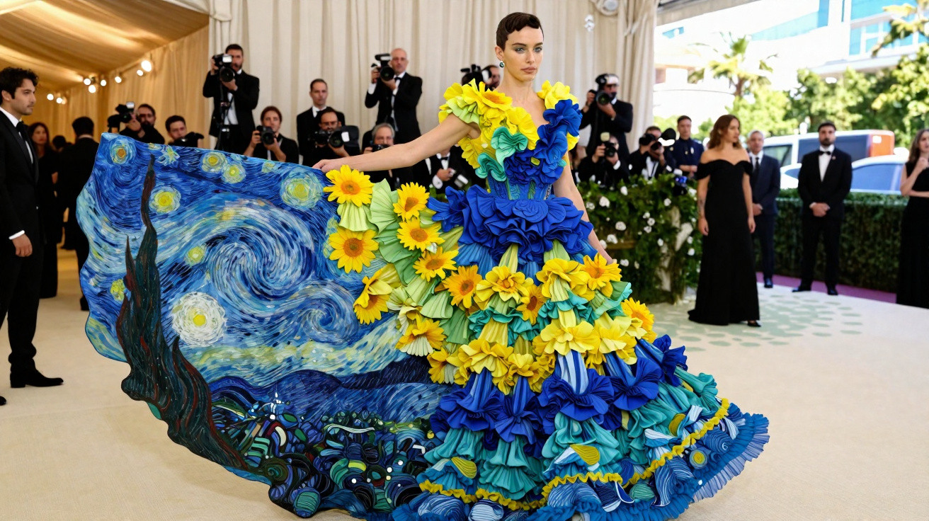 Modelo com vestido volumoso azul, amarelo e verde, com detalhes de girassóis e estampa do quadro Noite Estrelada.