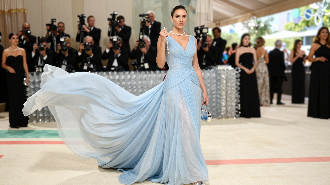 Mulher elegante com vestido azul esvoaçante posando para fotógrafos em evento formal.