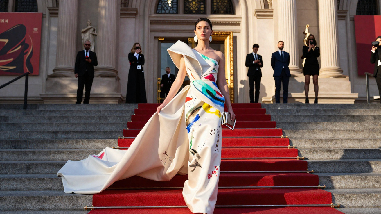 Mulher elegante descendo escadaria com vestido branco longo e colorido em evento formal com tapete vermelho.
