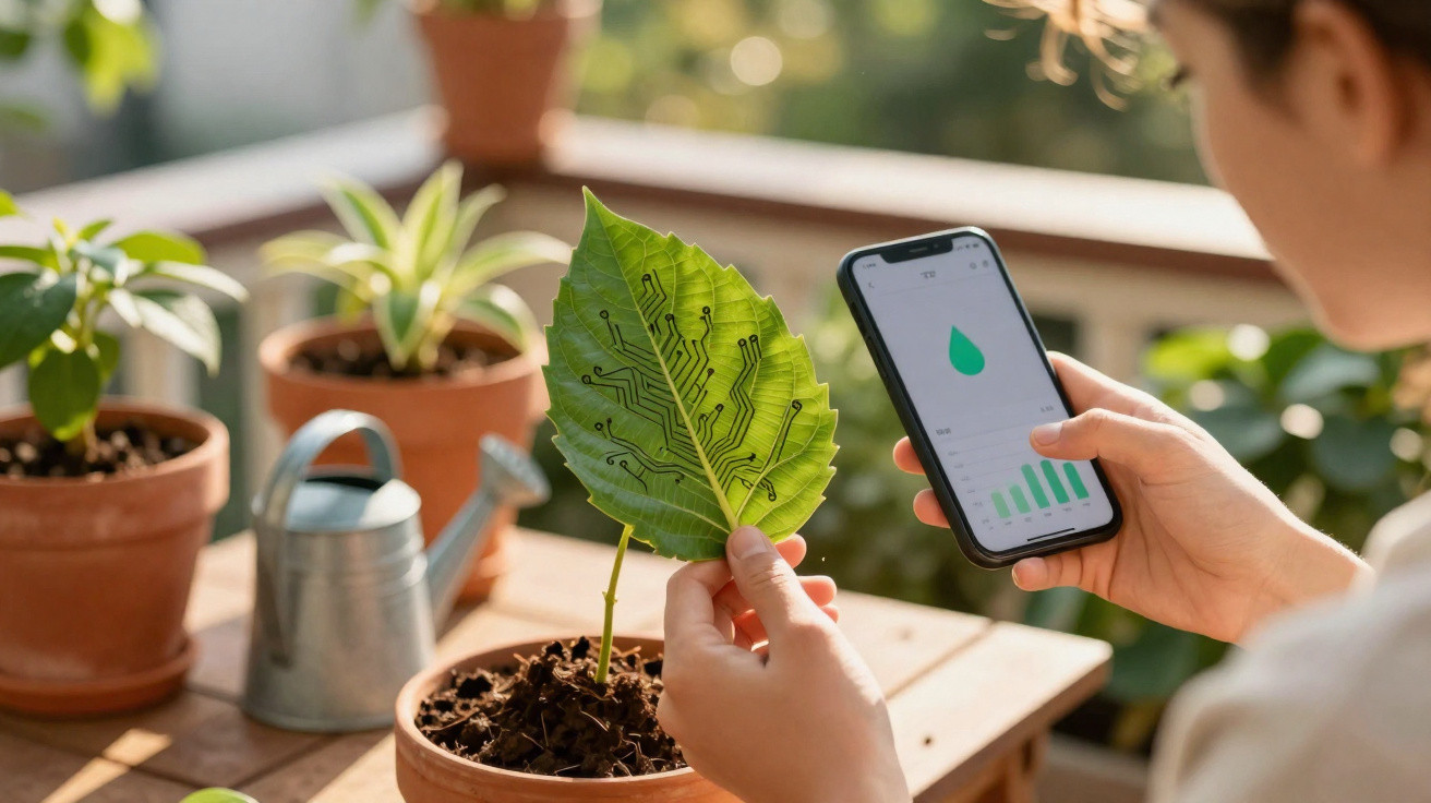 Pessoa segurando folha com circuito eletrônico e celular com gráfico de rega de plantas.