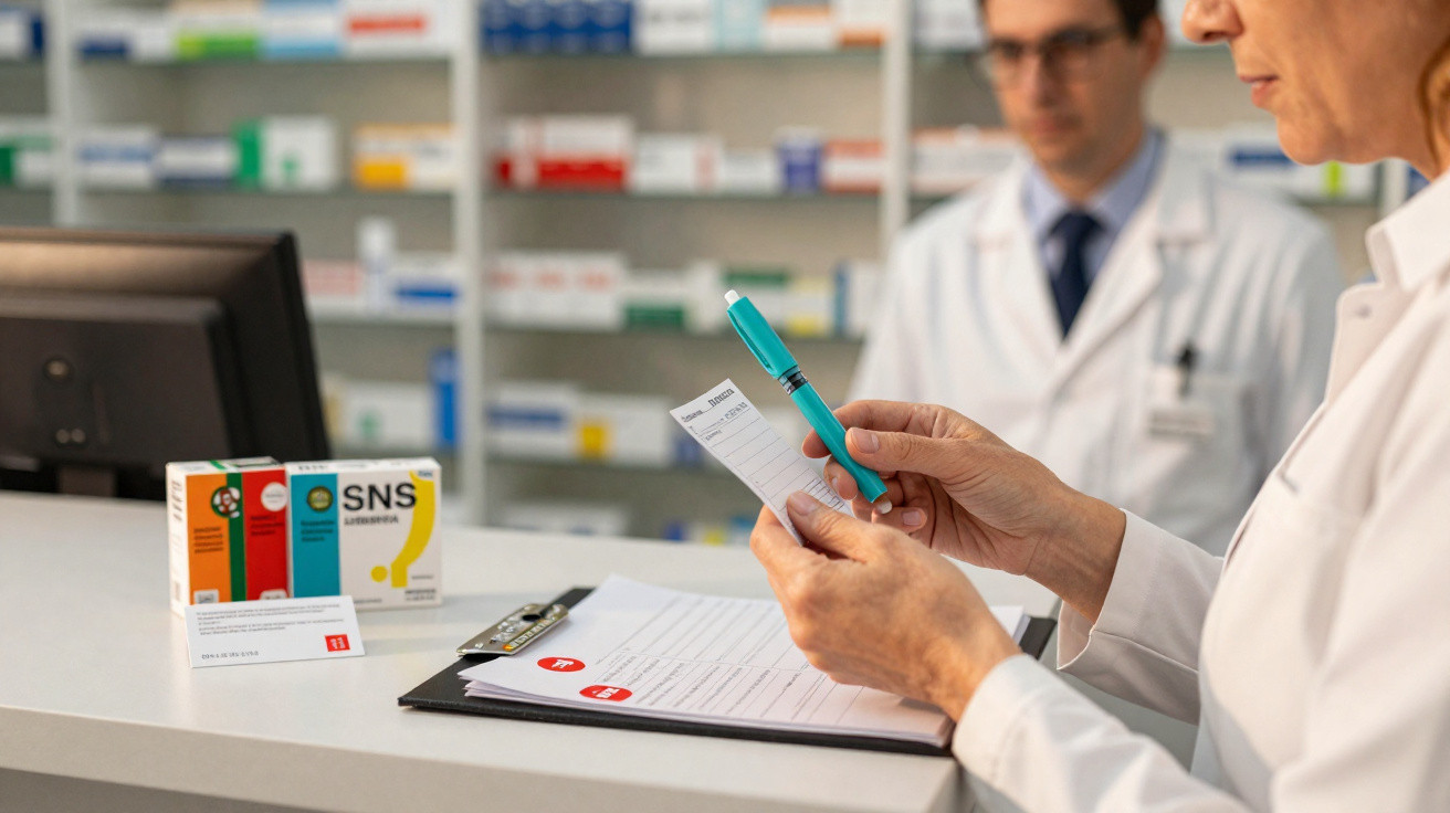 Profissionais de saúde analisando receita médica e medicamentos em balcão de farmácia.