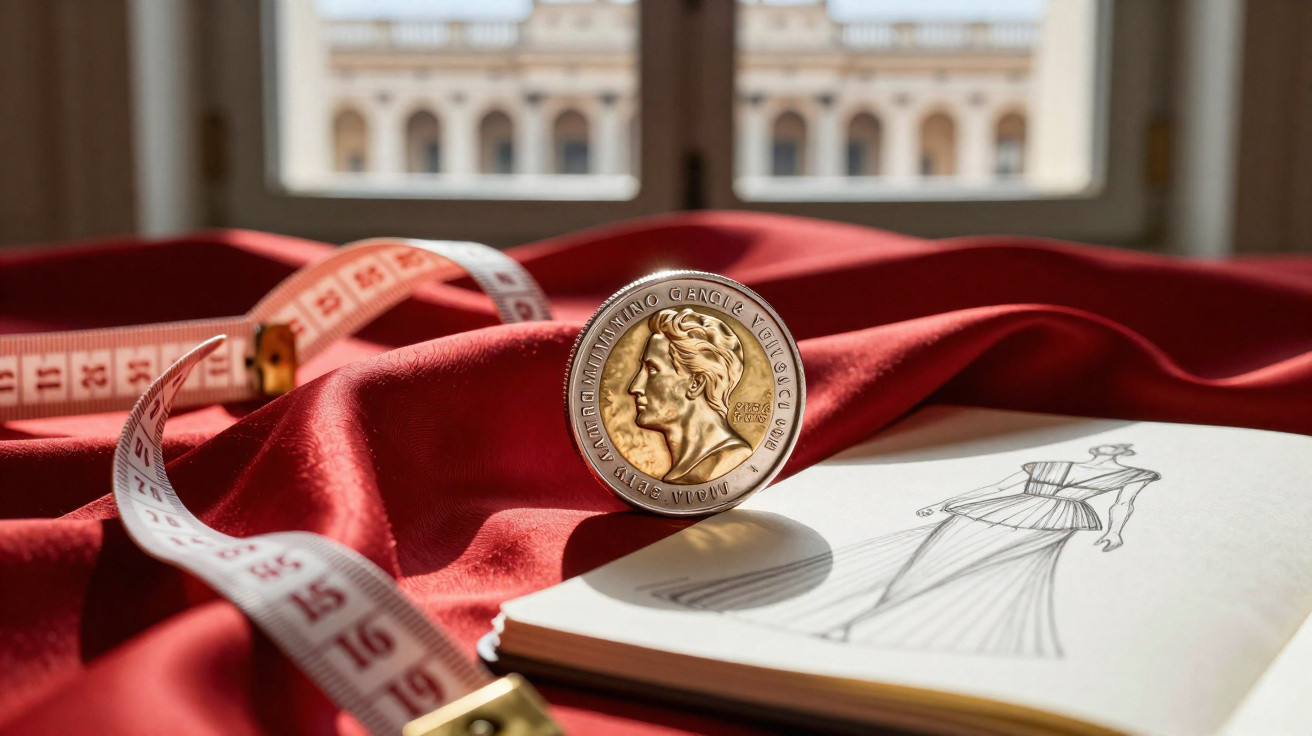 Fita métrica, medalha e esboço de vestido sobre tecido vermelho em ambiente com janela ao fundo.