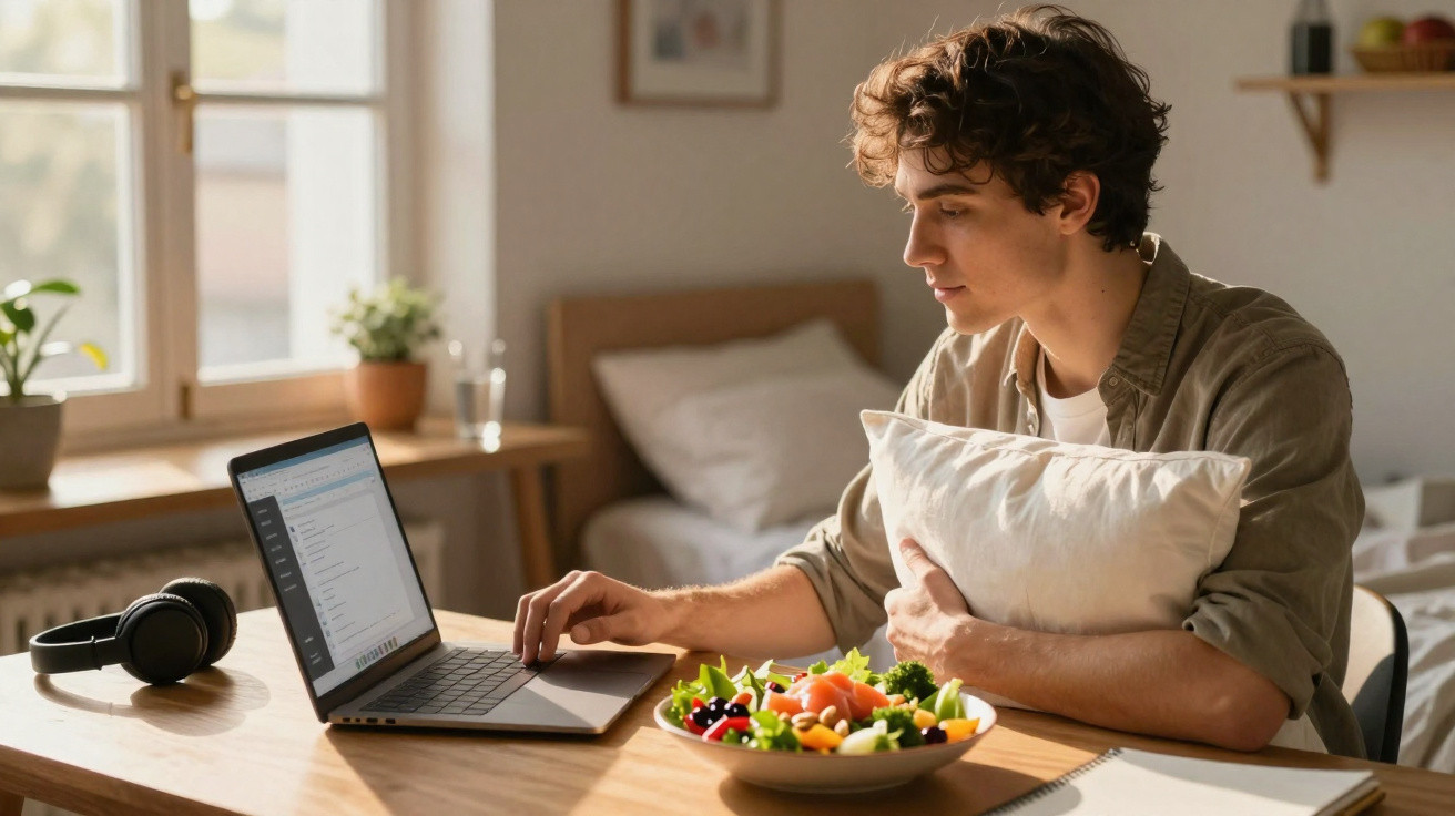 Jovem segurando almofada, trabalhando no laptop em mesa com salada e fones ao lado, em quarto iluminado.