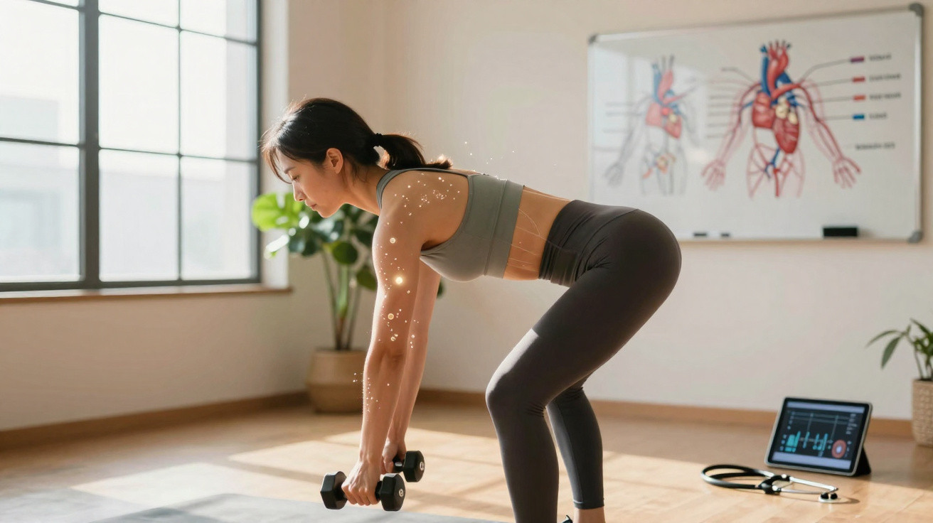 Mulher praticando exercício com halteres em ambiente iluminado e quadro anatômico ao fundo.