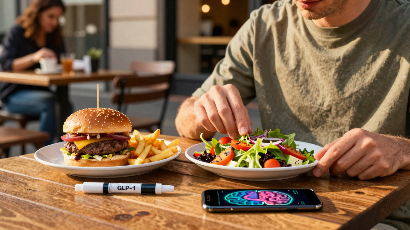 Homem comparando opção de hambúrguer com salada enquanto smartphone exibe imagem de cérebro na mesa.