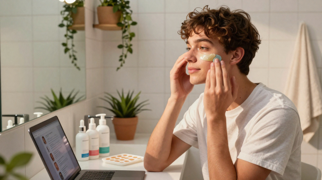 Jovem aplicando creme facial com espátula no rosto em ambiente claro com laptop e plantas ao fundo.