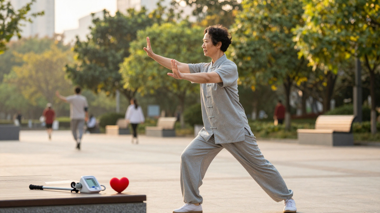 Mulher praticando tai chi ao ar livre em parque urbano com dispositivos médicos e coração vermelho ao lado.
