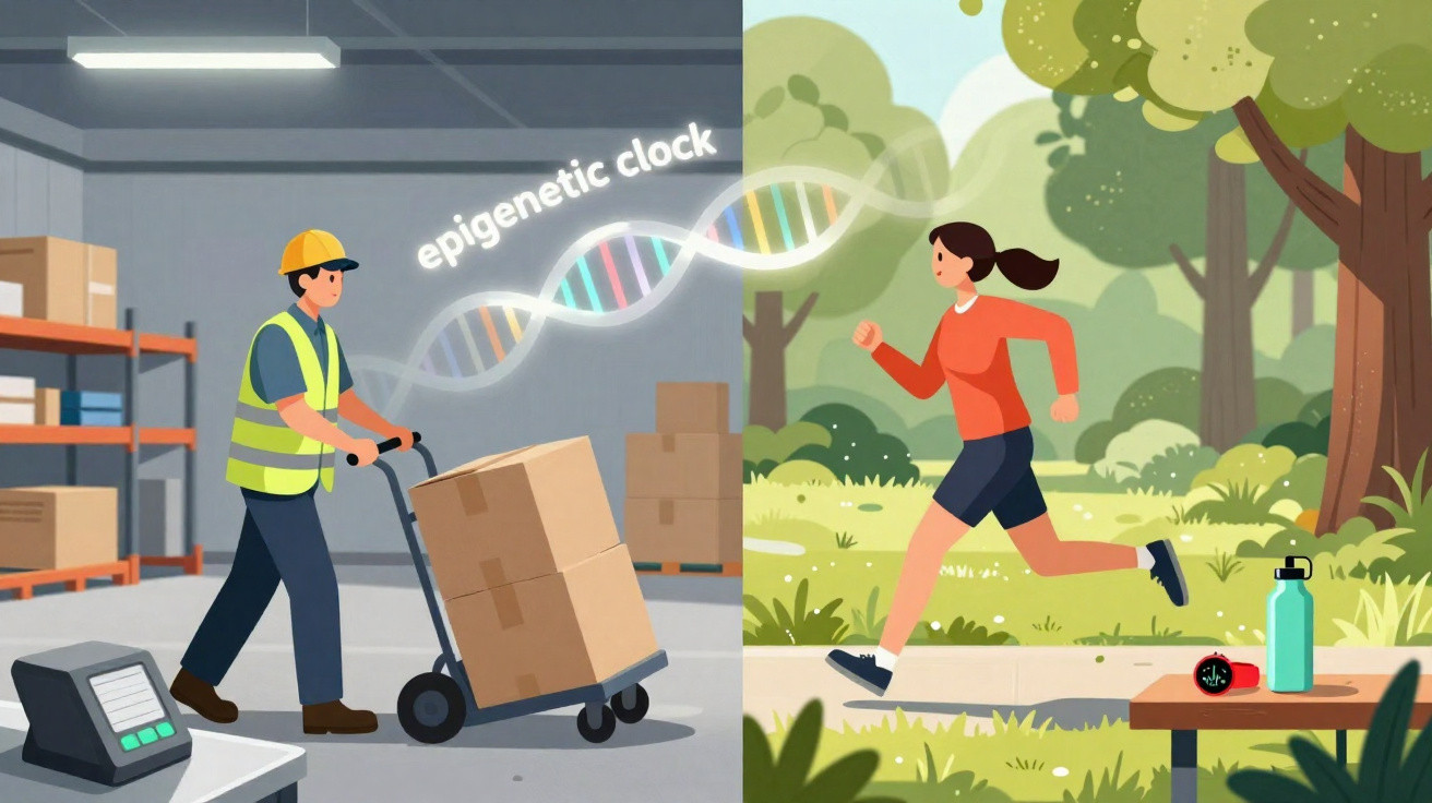 Ilustração dividida entre homem trabalhando em depósito e mulher correndo ao ar livre, com DNA e texto "epigenetic clock".