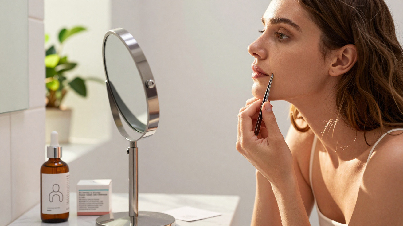 Mulher olhando no espelho enquanto remove pelos faciais com pinça em ambiente iluminado e tranquilo.