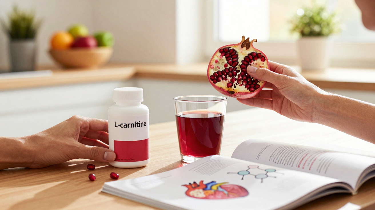 Mãos segurando uma garrafa de suplemento L-carnitina e romã ao lado de copo com suco e livro aberto.