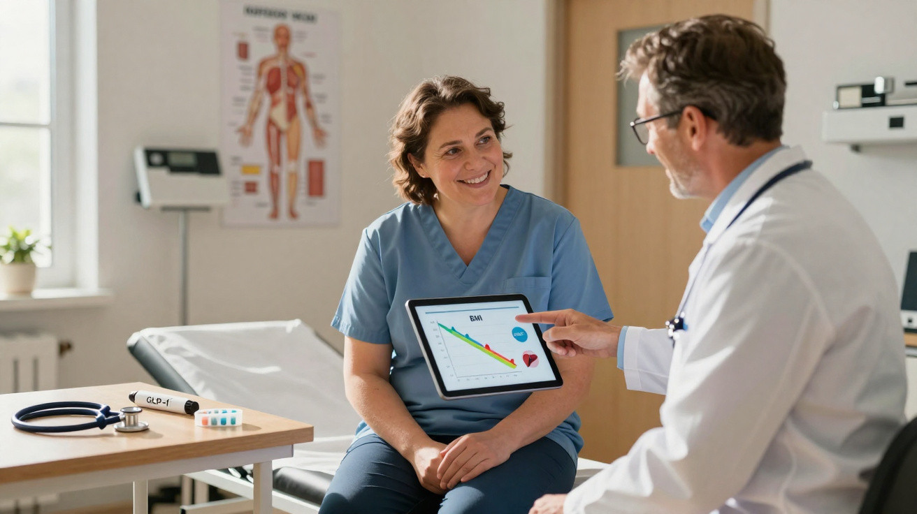 Médico consulta paciente mostrando gráfico em tablet em consultório médico iluminado e com pôster anatômico.