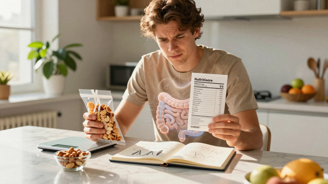 Jovem analisa tabela nutricional de alimentos na cozinha, com ilustração do sistema digestivo sobreposta.