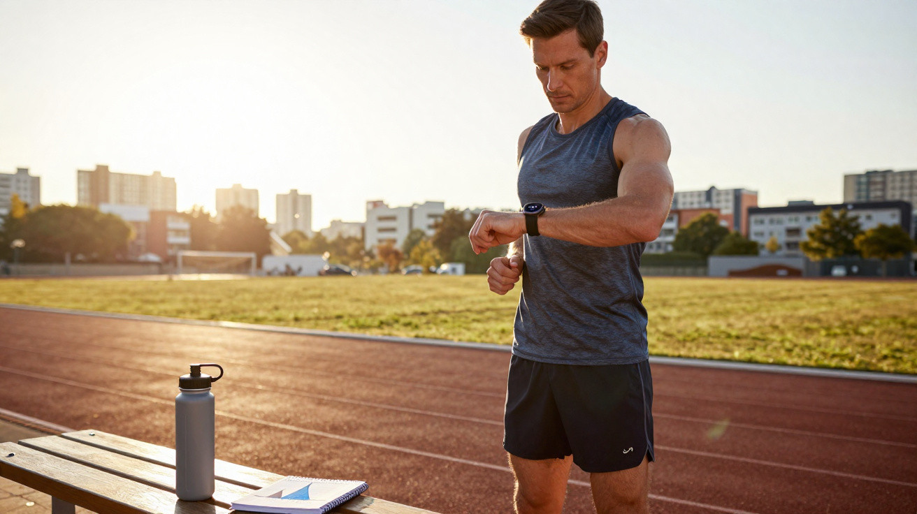 Homem em roupa esportiva conferindo relógio em pista de atletismo ao entardecer.