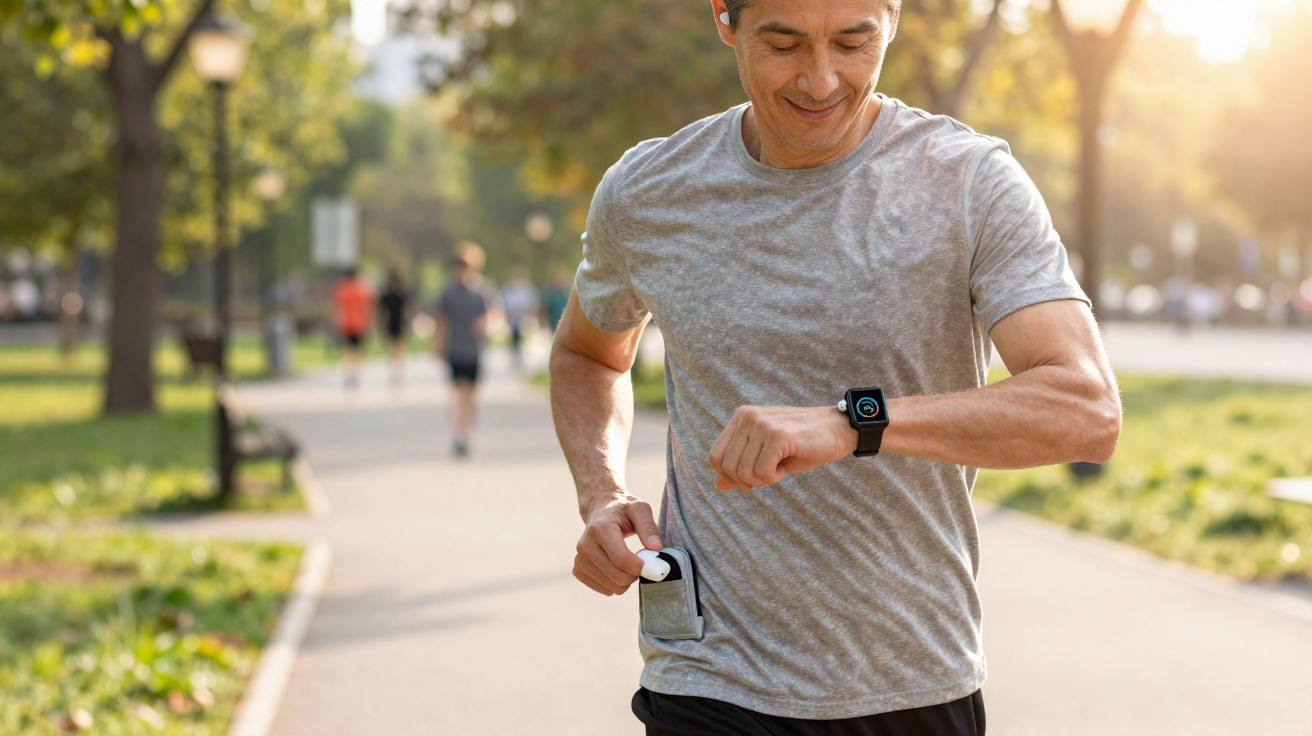 Homem correndo no parque, usando smartwatch e fones de ouvido sem fio, ajustando aparelho no braço.