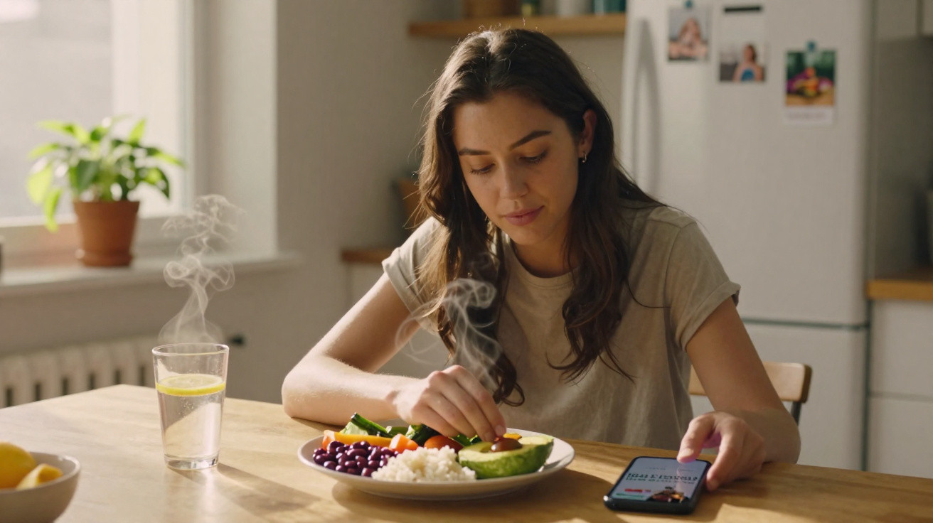 Mulher sentada à mesa com prato de comida saudável, olhando para o celular na cozinha.