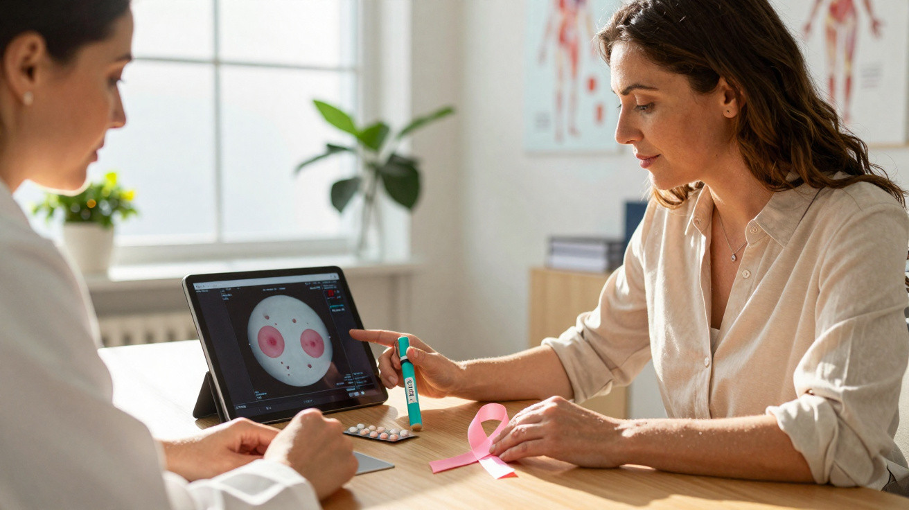 Mulher conversando com médica, analisando exame digital e fita rosa de conscientização do câncer de mama.