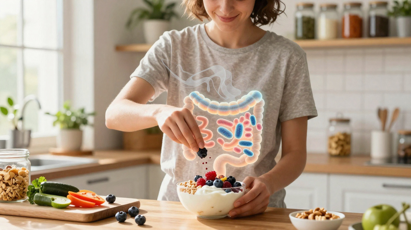 Mulher colocando frutas em iogurte, com ilustração digital destacando o intestino e flora intestinal.