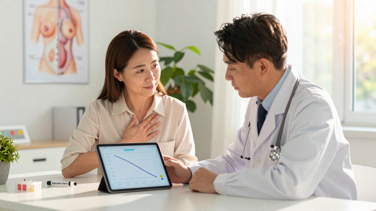 Médico mostrando gráfico em tablet para paciente em consulta médica em ambiente iluminado.