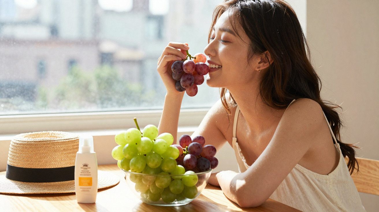 Mulher sorrindo segurando uvas roxas perto de tigela com uvas verdes e roxas na mesa iluminada.