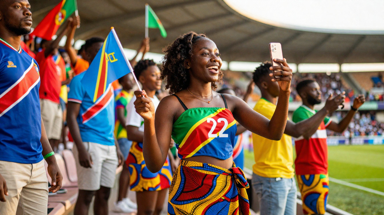 Jovem torcedora sorridente segura celular e bandeira da República Democrática do Congo em estádio de futebol.