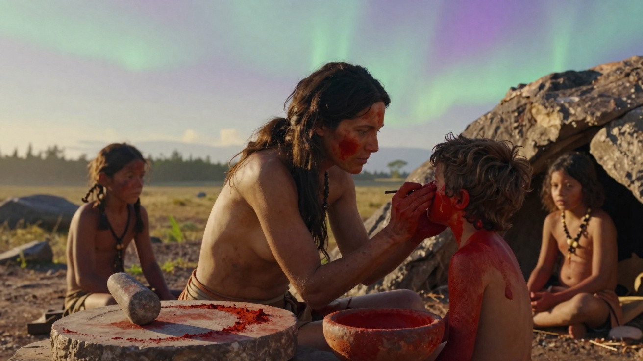 Mulher pinta rosto de menino com tinta vermelha, crianças sentadas em área aberta sob aurora boreal.