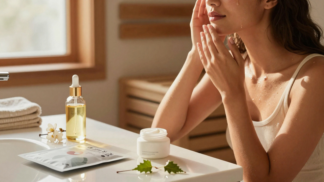 Mulher aplicando creme facial em ambiente iluminado com produtos de skincare em bancada.
