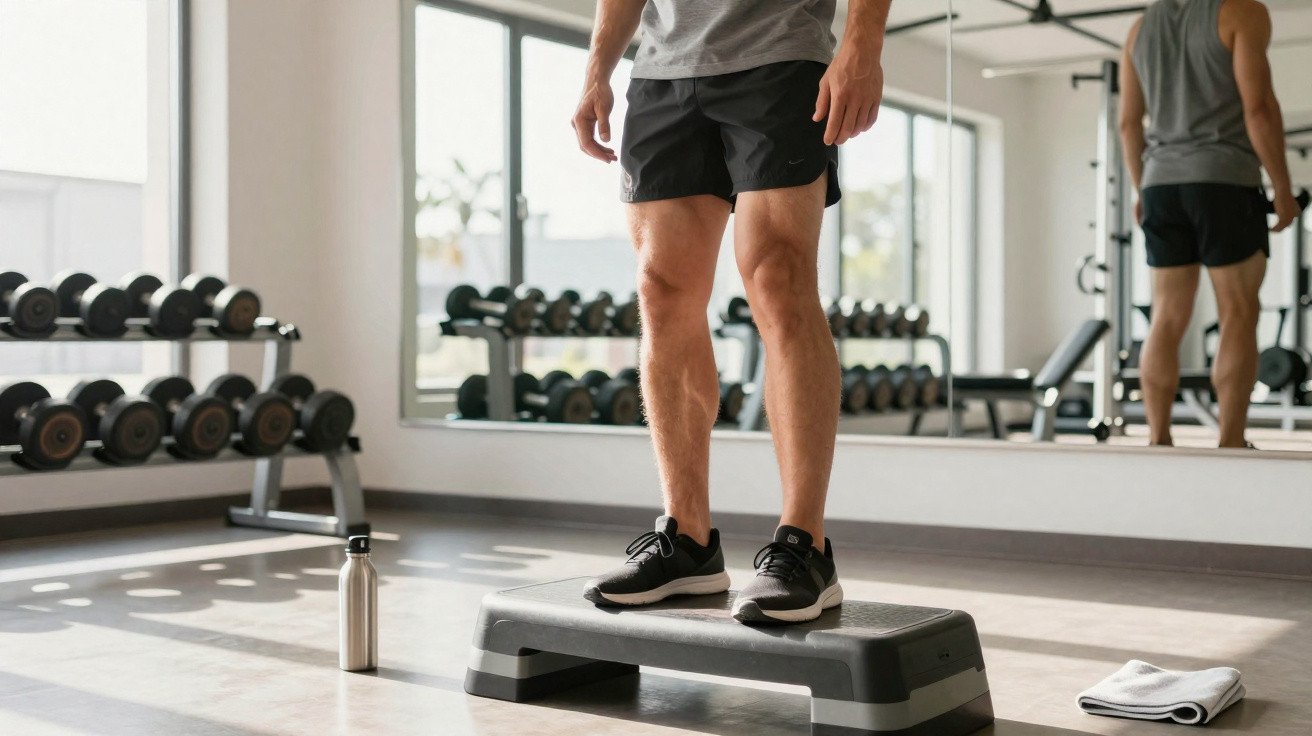 Pessoa em shorts pretos fazendo exercício com step em academia com halteres e espelho ao fundo.