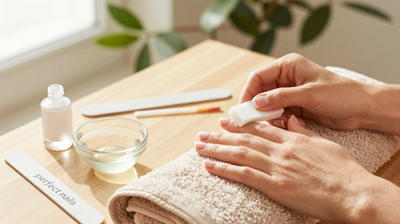 Mãos femininas cuidando das unhas com produtos de manicure sobre toalha bege em ambiente claro e natural.