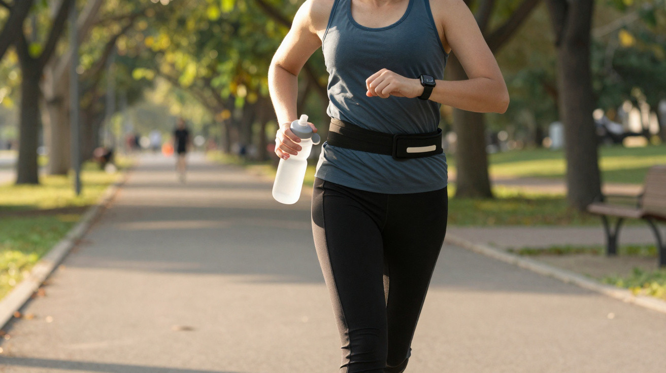 Mulher correndo em parque com roupa esportiva, segurando garrafa de água e usando relógio fitness.