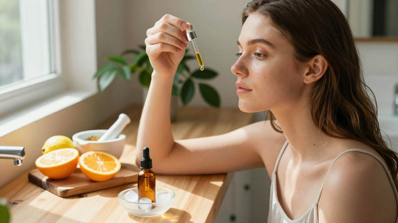Mulher aplica óleo facial com conta-gotas em ambiente iluminado com frutas cítricas ao fundo.