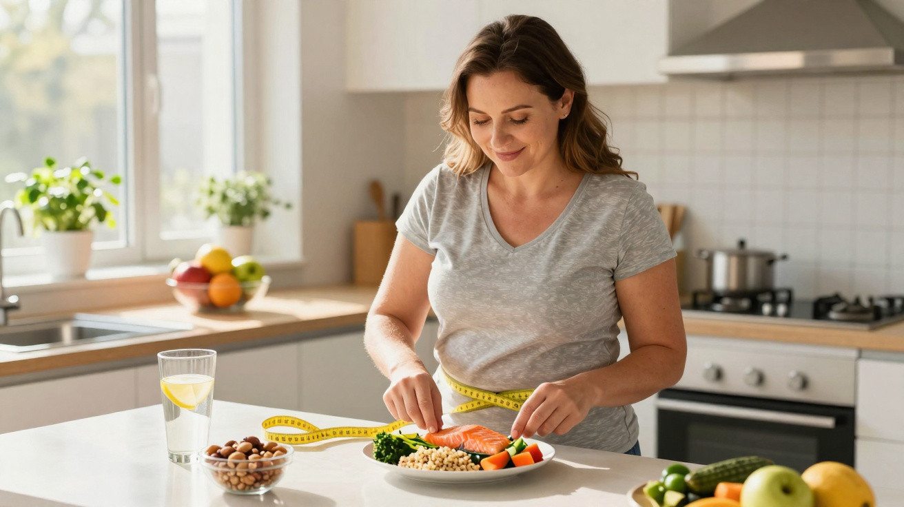 Mulher medindo cintura com fita métrica enquanto prepara prato saudável na cozinha iluminada.