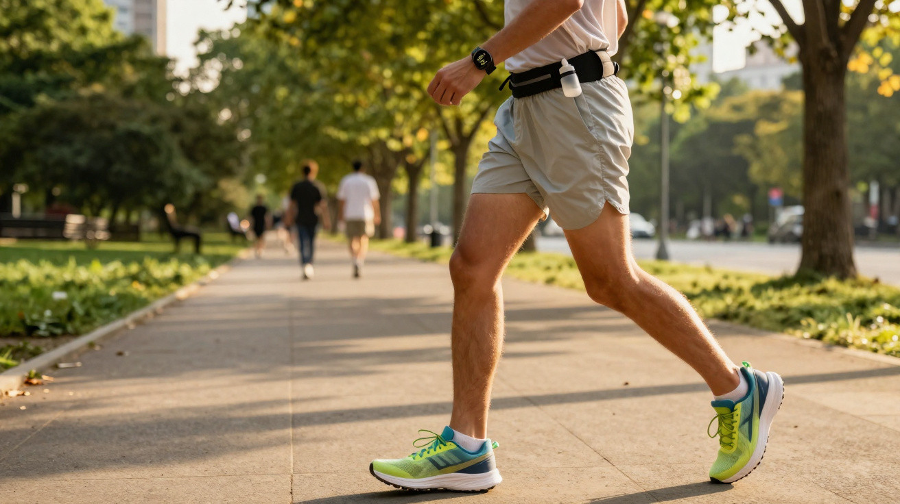 Pessoa caminhando em calçada de parque com tênis verde e shorts cinza em dia ensolarado.