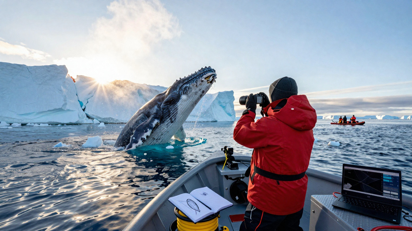 Pessoa de casaco vermelho fotografa baleia-jubarte saltando perto de icebergs em mar gelado.