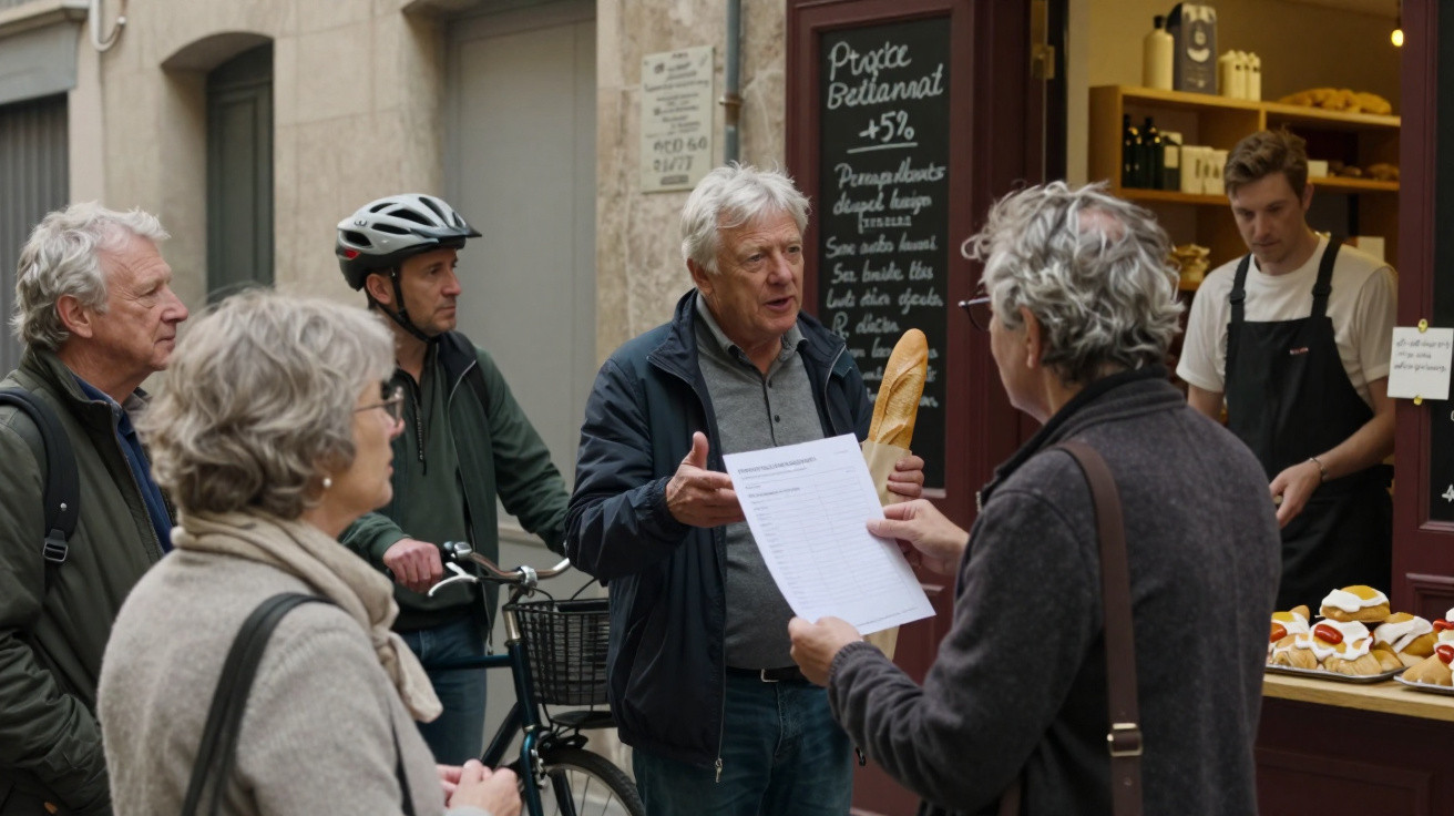 Grupo de idosos conversando em frente a padaria, com uma pessoa segurando uma baguete e outra um papel.