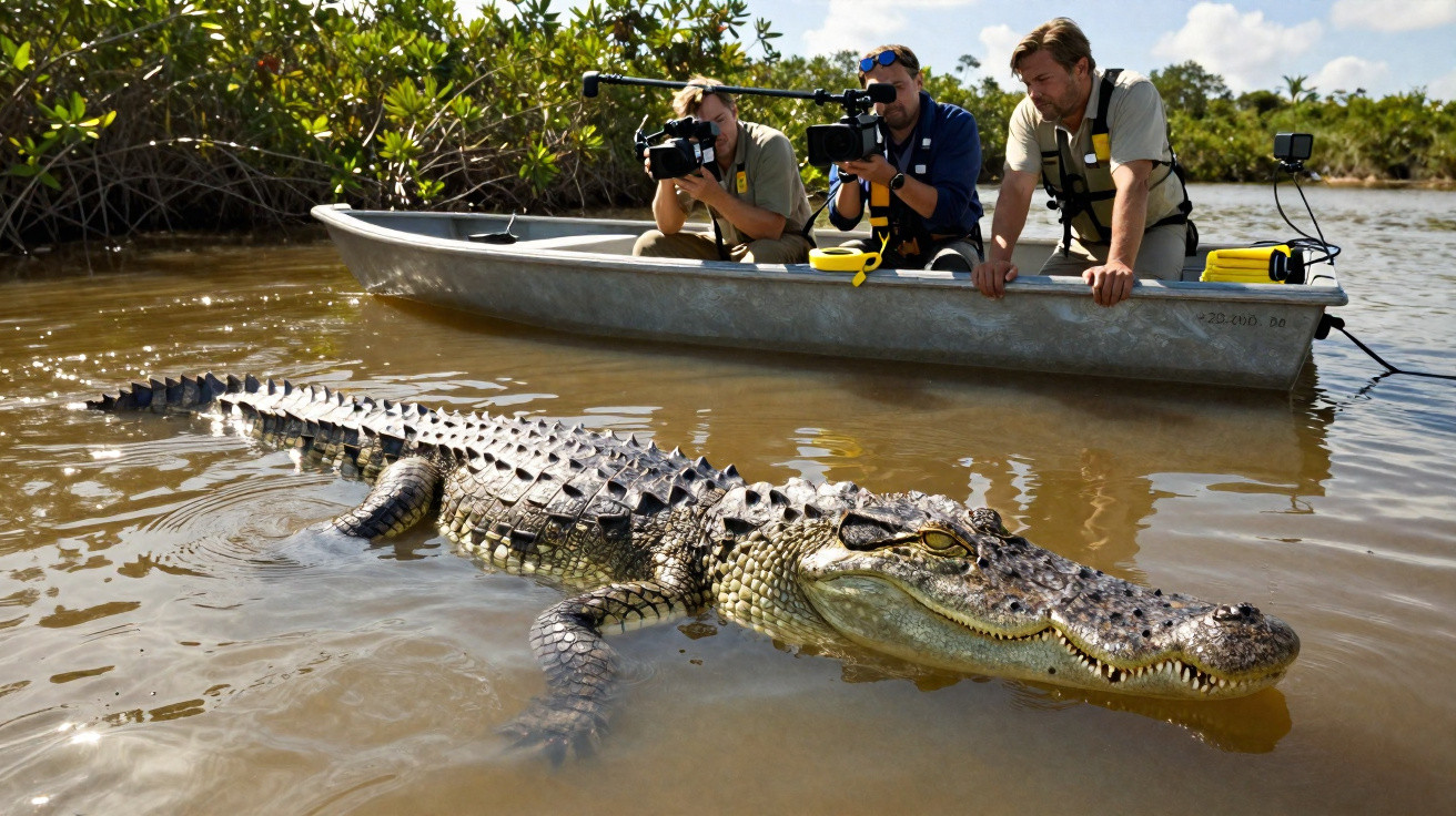 Três cinegrafistas em um barco observam de perto um grande crocodilo na água próxima a vegetação.