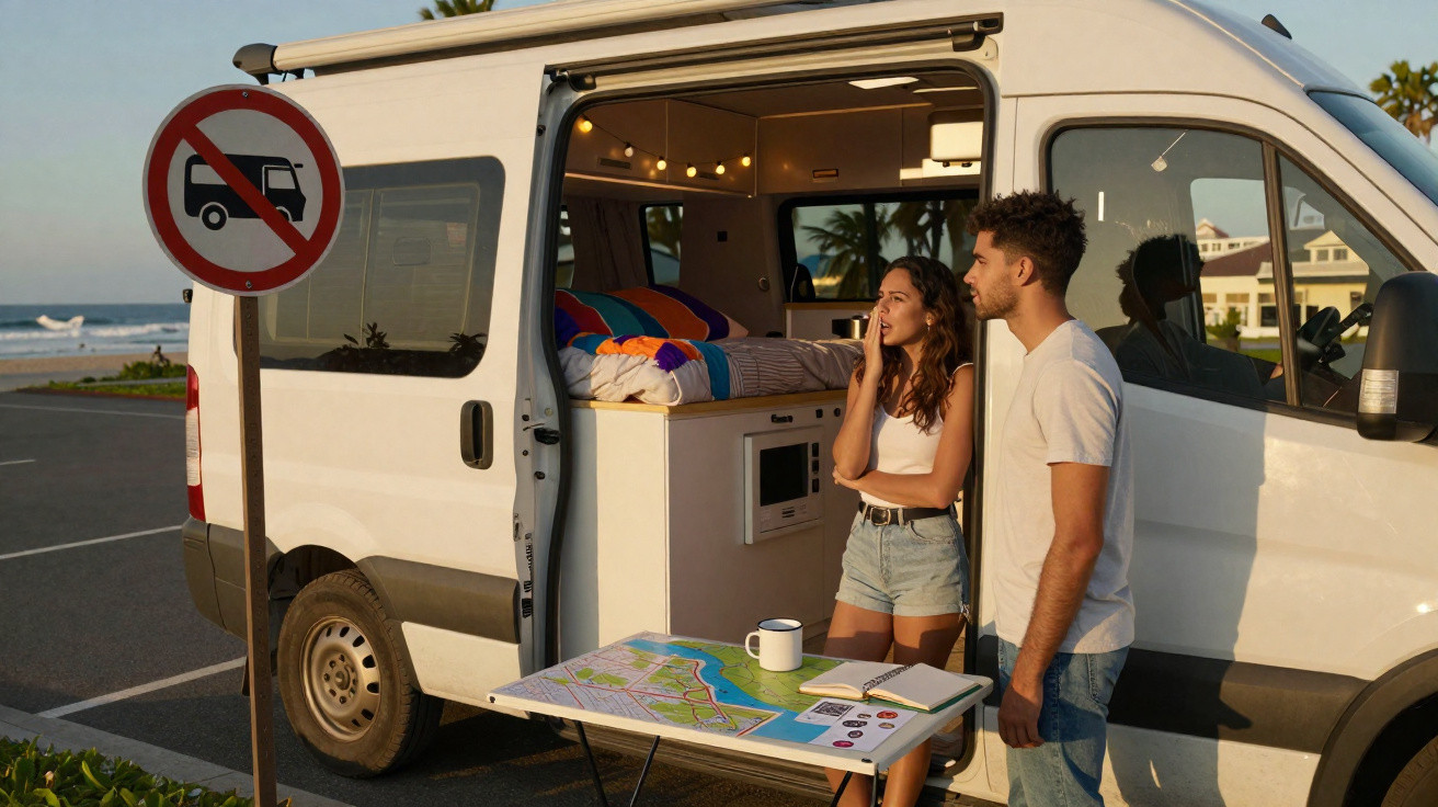Casal jovem ao lado de van branca com porta aberta, analisando mapa sobre mesa dobrável na beira da praia.