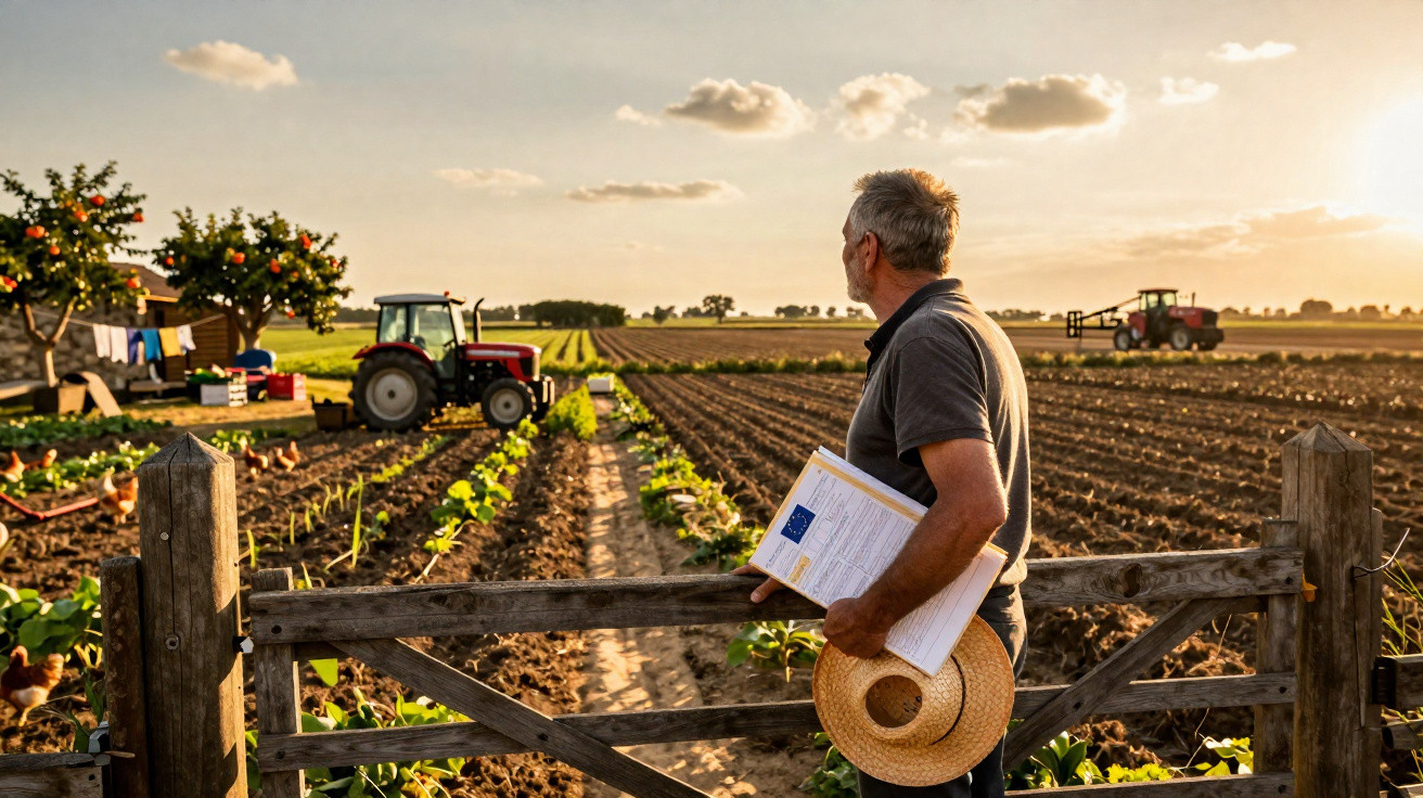 Homem com chapéu na mão observa plantação e tratores em campo ao entardecer.