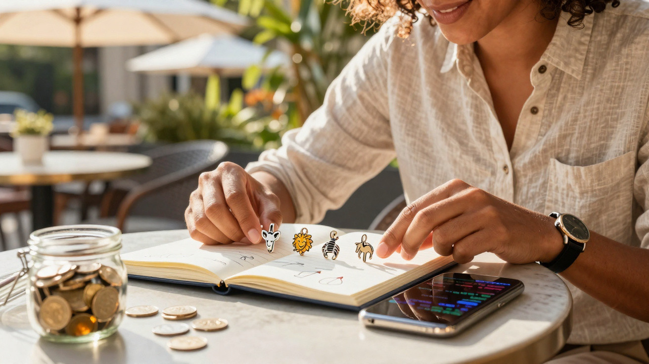 Pessoa sentada à mesa com caderno, adesivos de animais, moedas e celular em ambiente iluminado e ao ar livre.