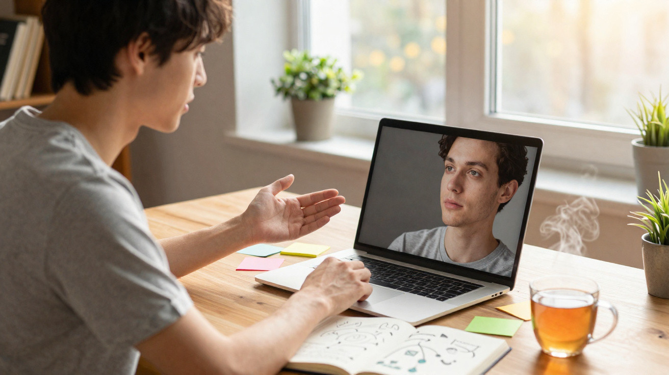 Homem conversando por videochamada com jovem na tela de um laptop sobre mesa com caderno e chá.