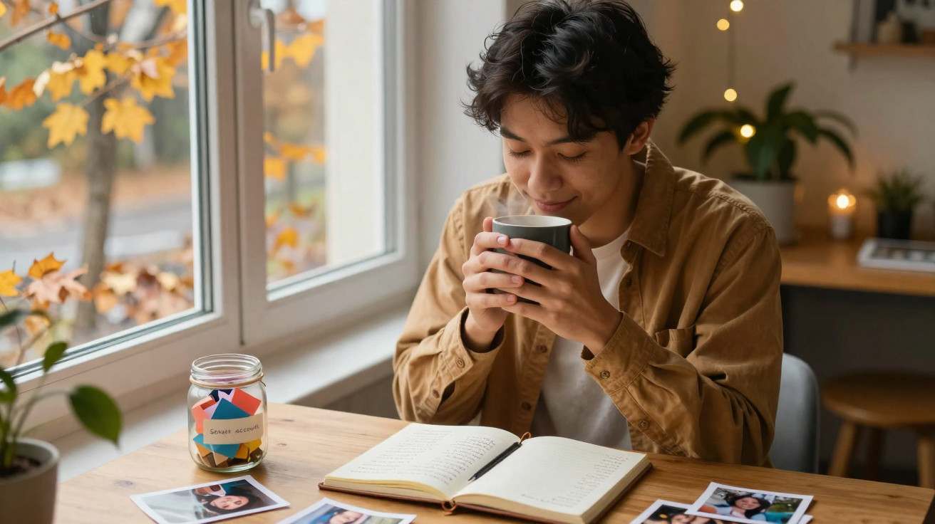 Pessoa jovem sentada à mesa com caderno aberto, fotos espalhadas e segurando uma caneca perto da janela.
